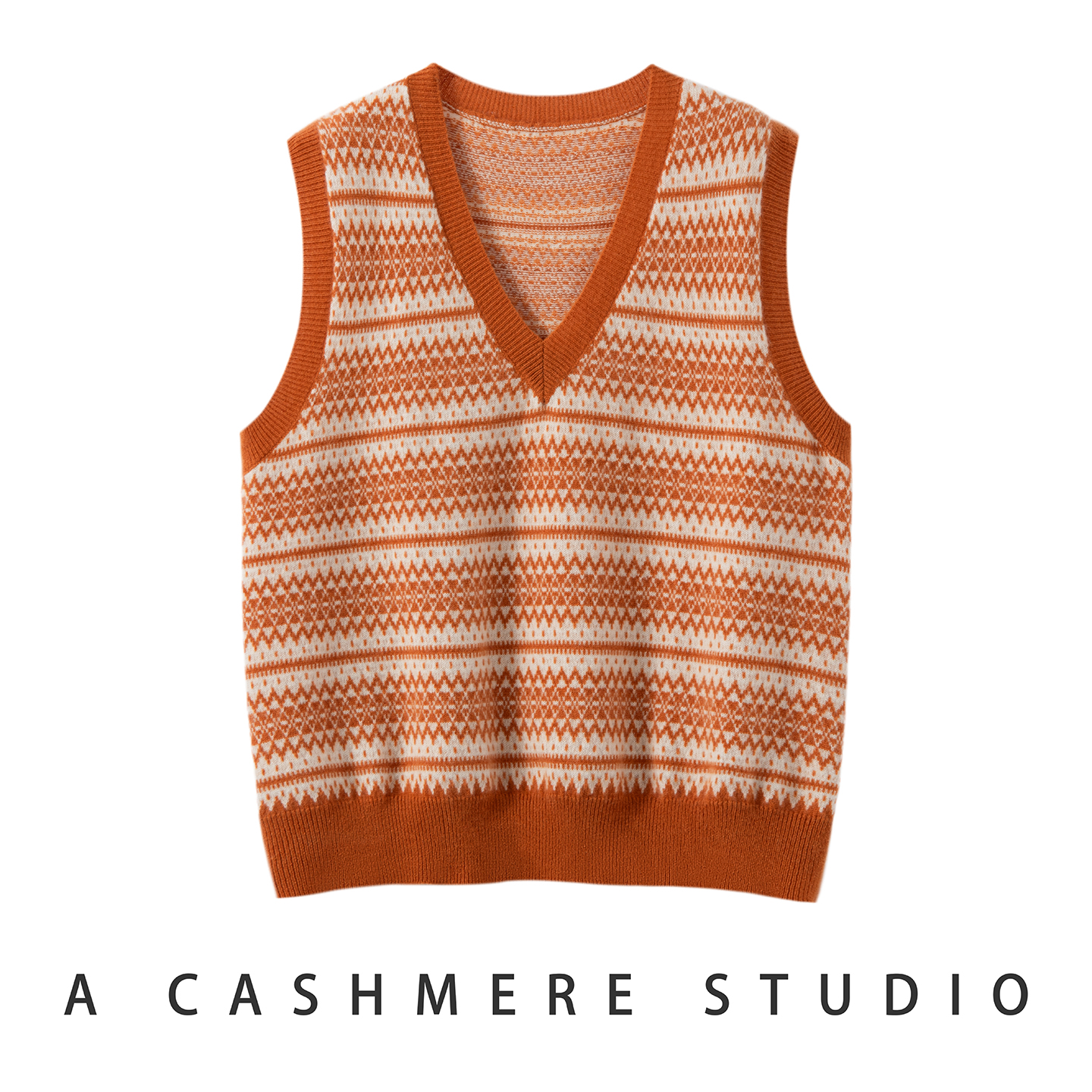 25秋冬新款费尔岛v领提花100%纯山羊绒马甲条纹针织简约亲肤时尚