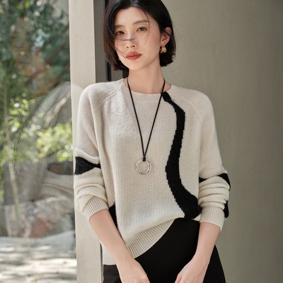 25秋冬新款100%山羊绒衫女圆领宽松气质撞色慵懒风针织打底衫毛衣