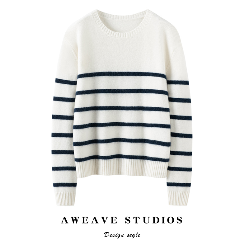 100纯羊绒衫女圆领条纹拼色加厚