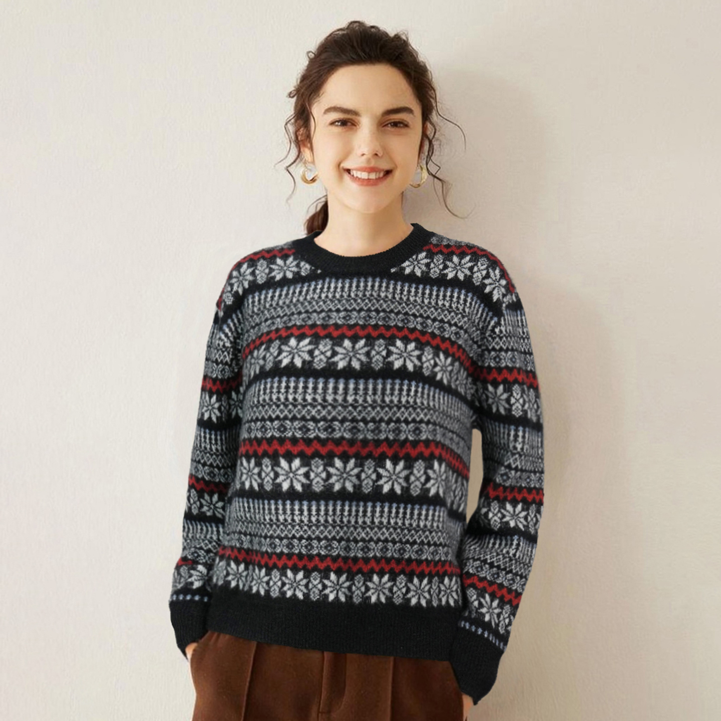 2025新款秋冬加厚复古100%纯山羊绒衫女圆领针织套头宽松百搭毛衣