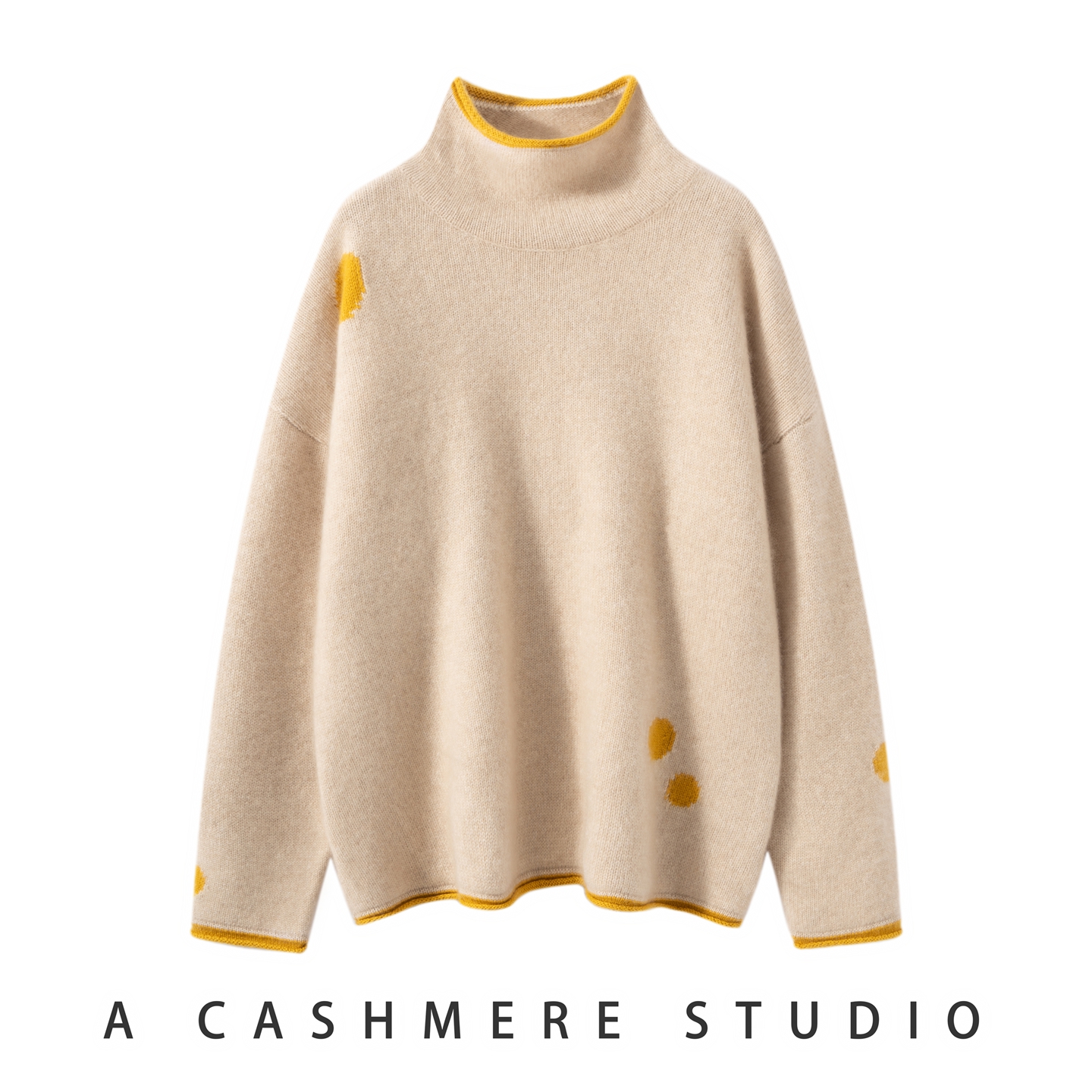 2025秋冬新款100%山羊绒加厚高领针织衫卷边拼色保暖时尚宽松毛衣