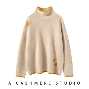 宽松毛衣 卷边拼色保暖时尚 2025秋冬新款 100%山羊绒加厚高领针织衫