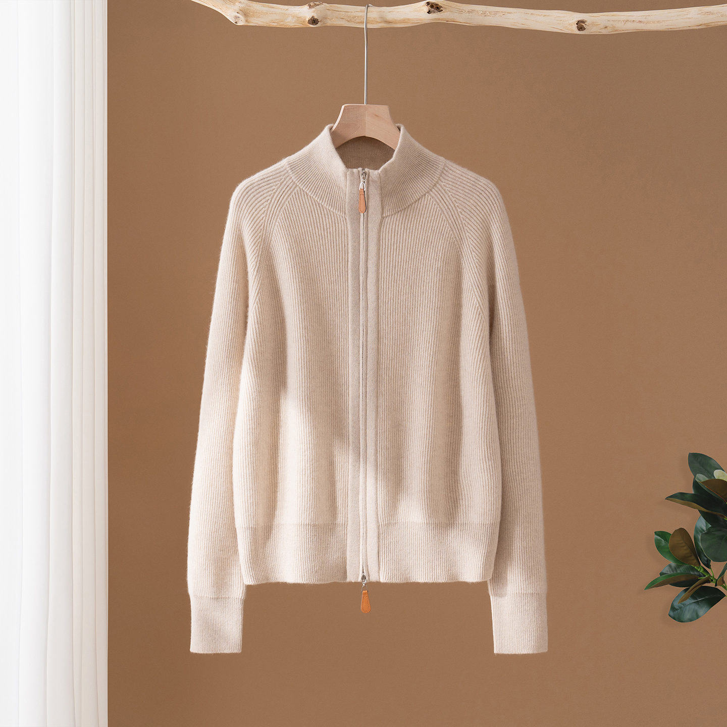 秋冬新款100%山羊绒开衫女加厚高领宽松拉链毛衣时尚百搭针织外套