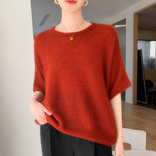 毛衣针织衫 薄款 2025秋冬女圆领蝙蝠短袖 软糯宽松休闲桑蚕丝羊绒衫