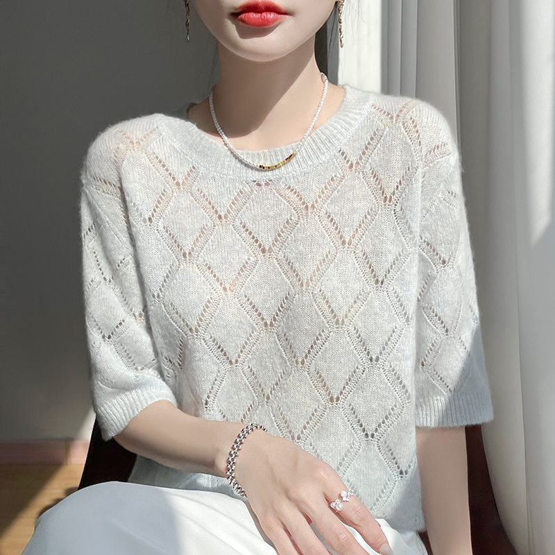 2025春秋新款丝羊绒圆领立体钩花镂空薄款短袖糖果色针织衫上衣女