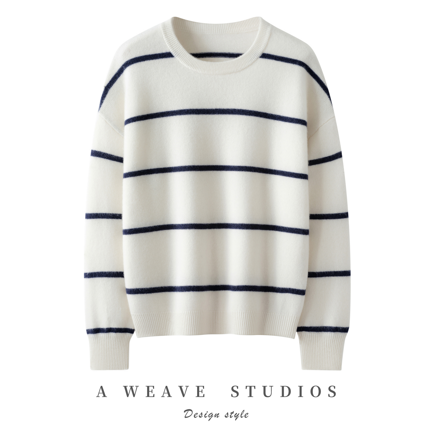 2025秋冬新款女羊绒衫100%纯山羊绒圆领加厚条纹宽松保暖针织套衫