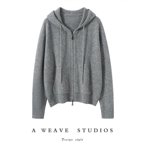 秋冬新款100%纯山羊绒连帽开衫女花纱拉链时尚针织外套休闲百搭潮