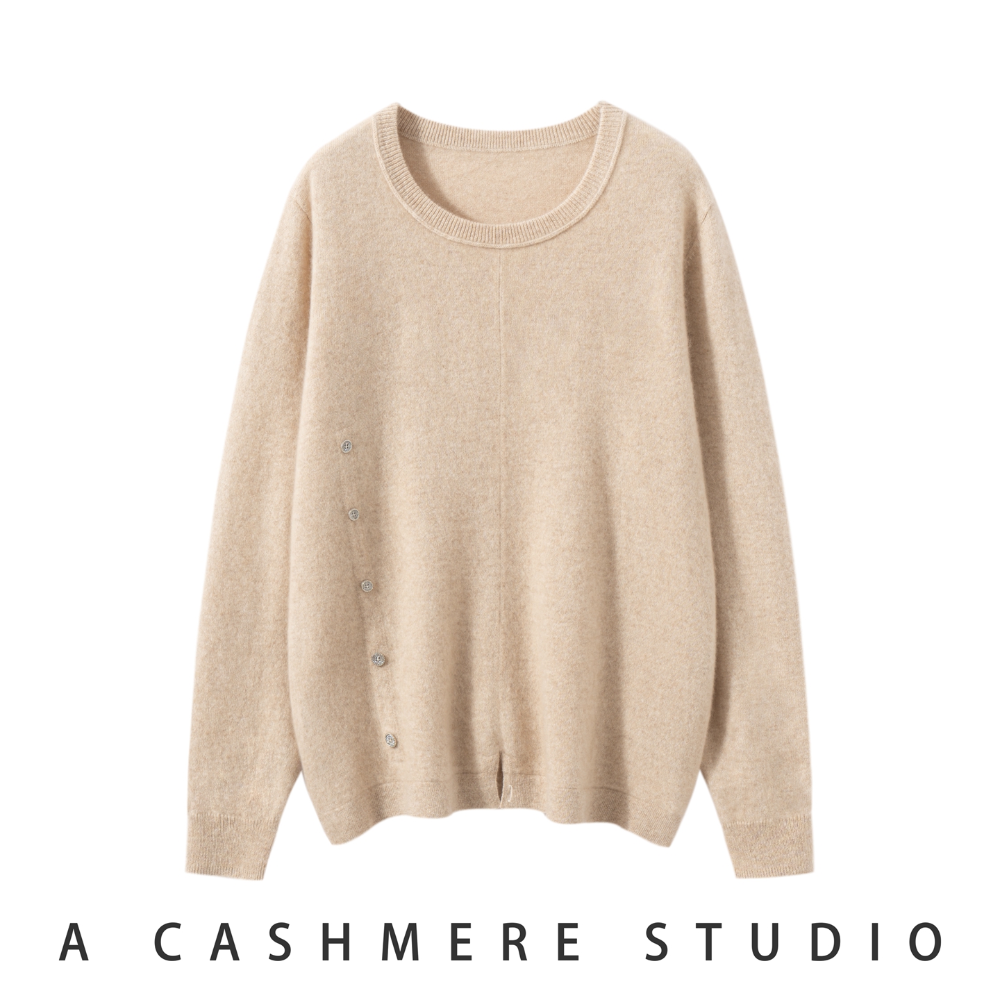 100%山羊绒针织衫女圆领侧边纽扣开衩轻奢纯色软糯亲肤保暖打底衫