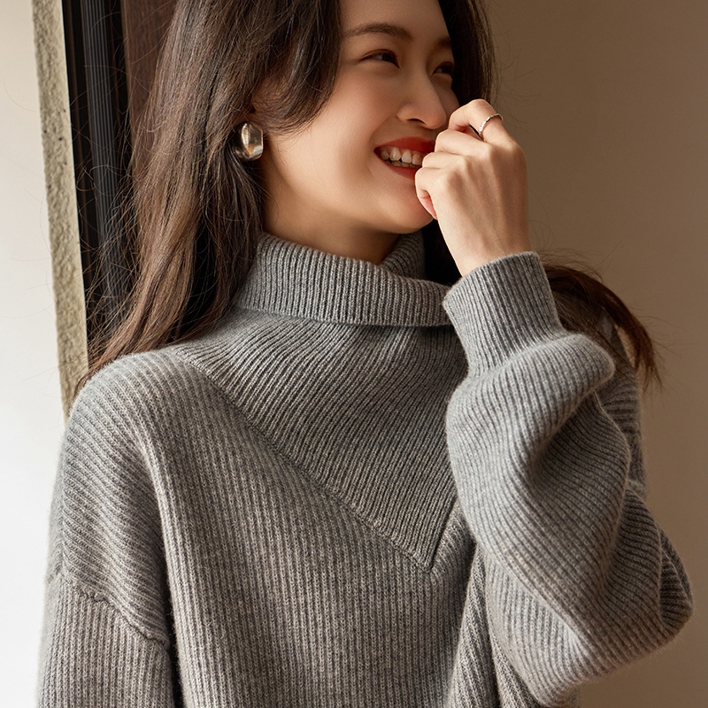 重磅时尚！100%纯山羊绒衫女加厚围巾领套头毛衣宽松针织打底衫新