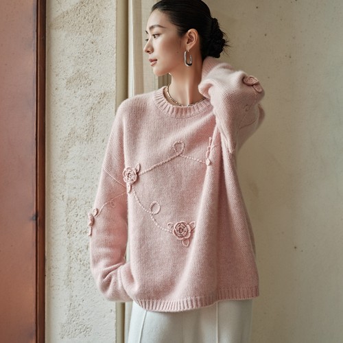100%纯山羊绒衫女圆领重磅加厚绣花毛衣宽松慵懒风针织打底衫上衣