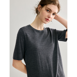 春秋新款德国扬子纱100精纺羊毛短袖t恤女圆领宽松薄款针织打底衫