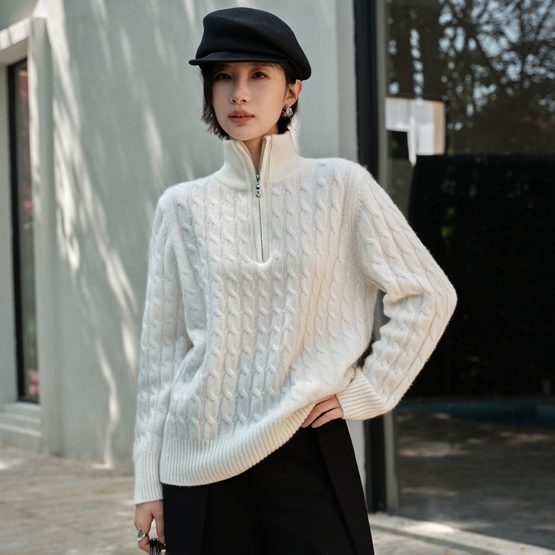 25秋冬新款100%山羊绒女加厚半拉链绞花时尚设计感气质针织衫上衣