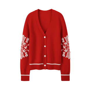 秋冬新款100纯山羊绒开衫女V领新年红色宽松加厚针织刺绣打底外套