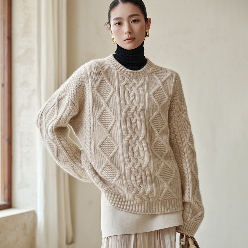 重工加厚100%山羊绒衫女圆领宽松软糯复古外穿打底针织衫绞花毛衣,女装/女士精品,羊绒衫,淘宝优惠券,粉丝福利购,淘宝优惠卷