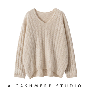 秋冬新款100%山羊绒衫女V领前短后长宽松百搭针织衫毛衣打底上衣
