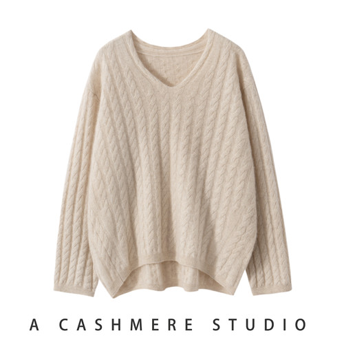 秋冬新款100%山羊绒衫女V领前短后长宽松百搭针织衫毛衣打底上衣