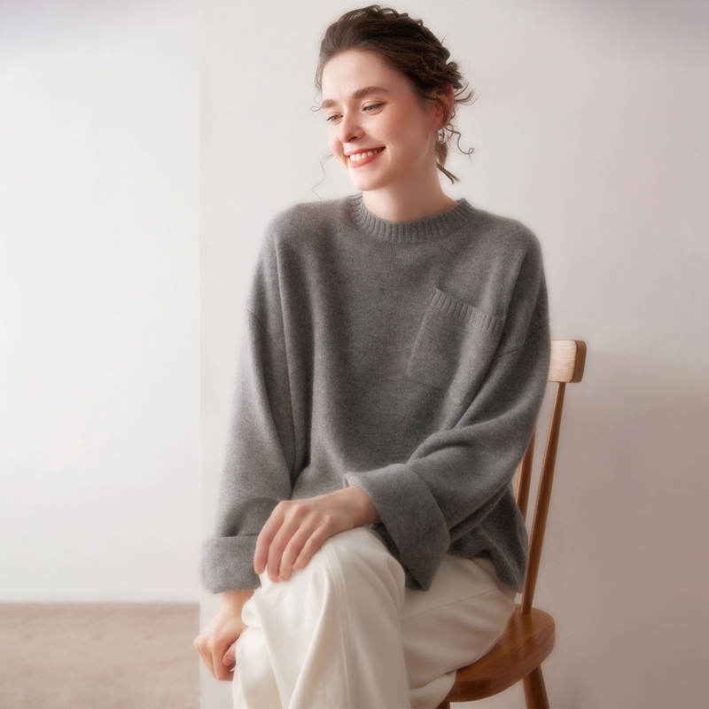 2025秋冬新款100%纯山羊绒衫女圆领加厚保暖宽松百搭针织打底衫潮