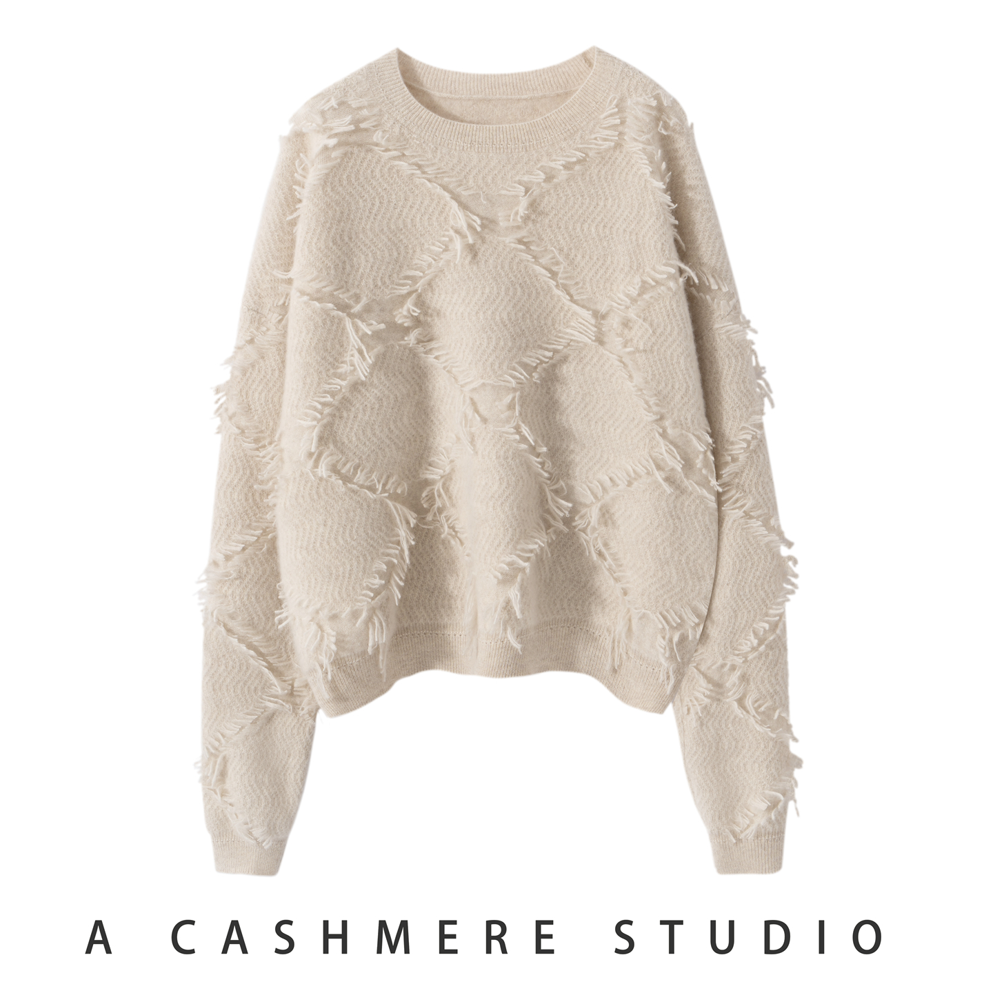 2025秋冬新款100%山羊绒衫舒适百搭软糯保暖圆领菱形毛边针织毛衣