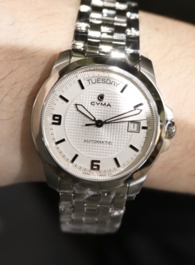 瑞士CYMA西马商务休闲男士白盘精钢机械腕表低折扣现货保修