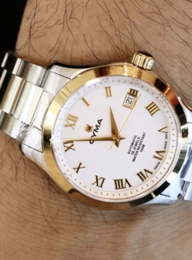 瑞士CYMA西马商务休闲白盘黄金外圈日历精钢男表 现货 包邮