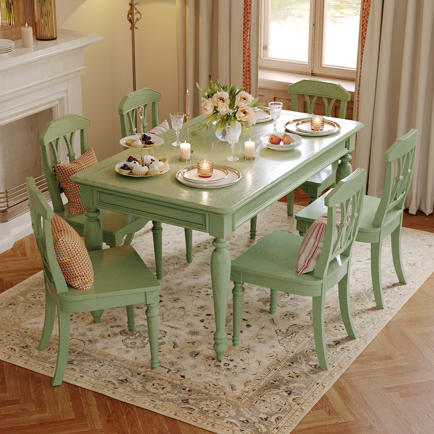 美式实木复古绿餐桌椅组合家用小户型长方形法式复古白蜡木饭桌