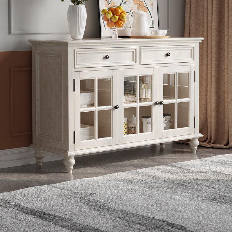 美式白色实木餐边柜简约做旧复古白蜡木双门酒柜碗柜组合玄关柜