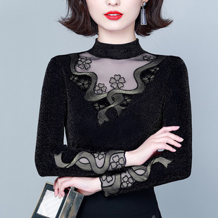 上衣薄款 黑色网纱打底衫 洋气内搭半高领长袖 妈妈时尚 秋衣 女春秋季