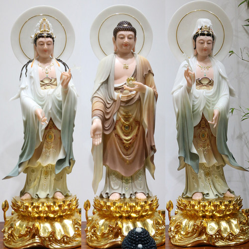 汉白玉彩绘淡彩西方三圣佛像摆件