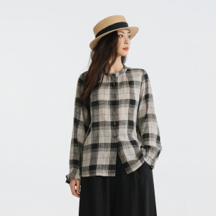 梭家｜时间变长｜踏春纯亚麻格纹圆领长袖衬衫女宽松正肩上衣百搭