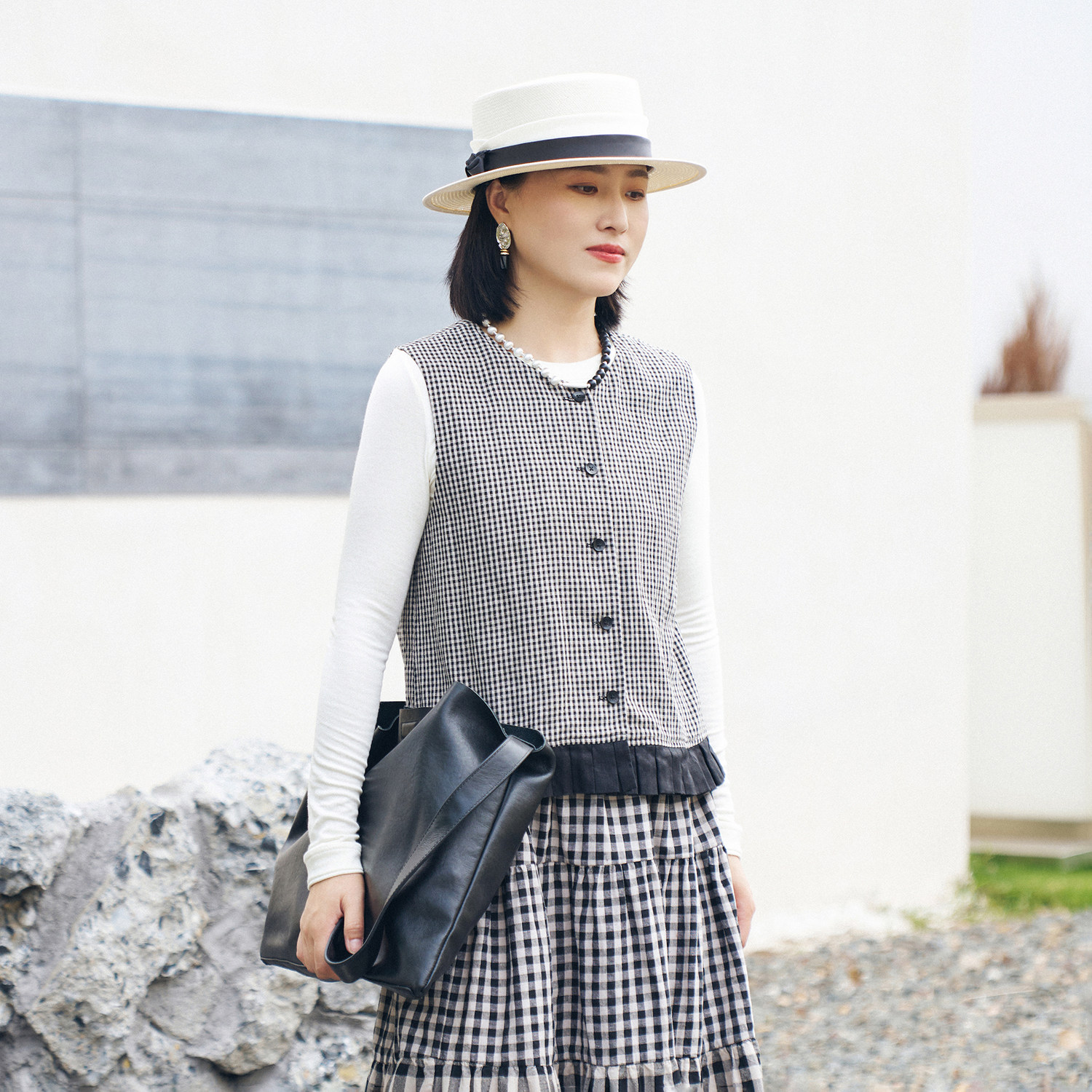 梭家｜纯真平原｜简约通勤黑米格纹文艺范马甲秋季女百搭短外套