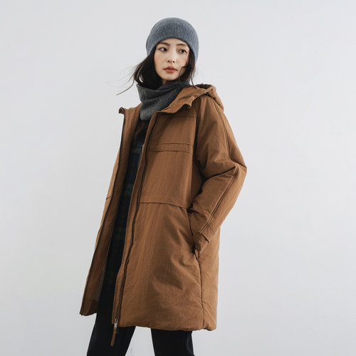 焦糖棕中长款连帽新雪丽棉服