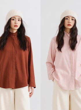 梭家｜明明就喜欢｜文艺复古木耳边立领两色长袖衬衫女休闲上衣