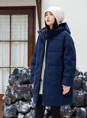 梭家｜蓝色电影｜简约通勤新雪丽棉高效保暖蓝色中长款连帽棉服