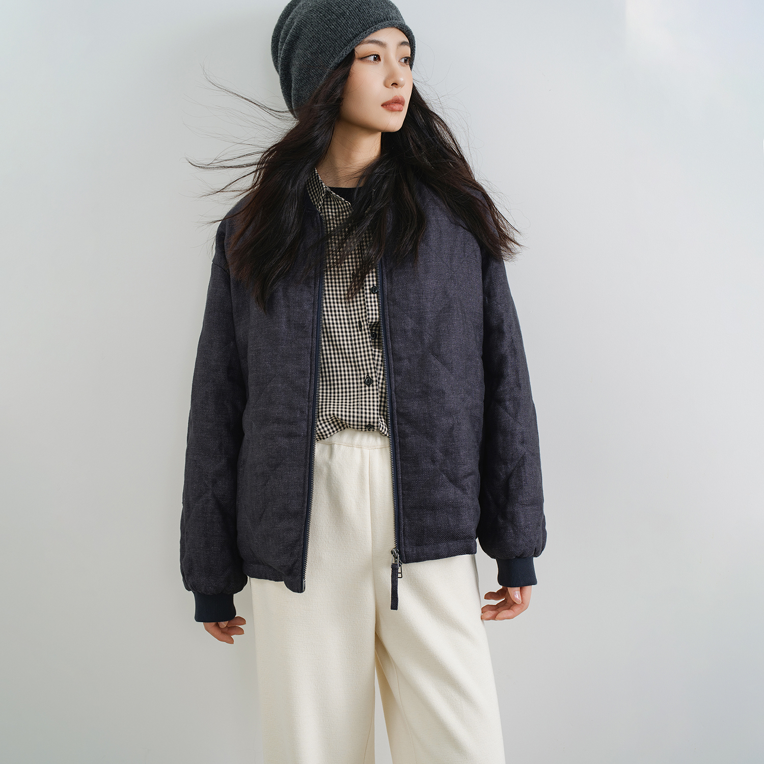 纯亚麻色织斜纹新雪丽棉服