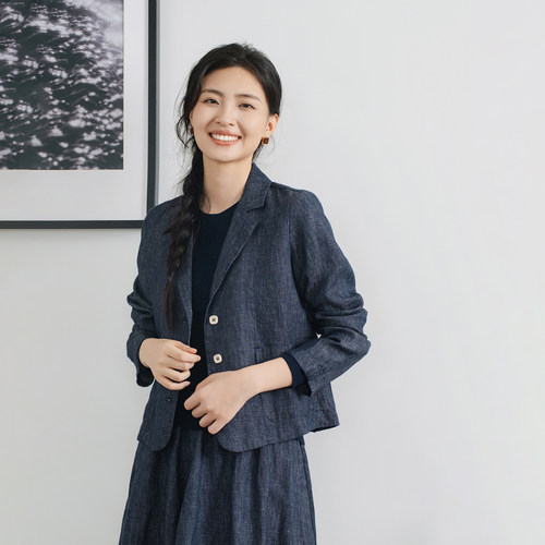 梭家 汉麻翻领短外套秋季2026女士新款牛仔蓝百搭随性上衣6606MY