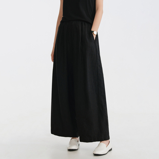 梭家|春不语|自在感砂洗9支亚麻黑色休闲裤春夏女宽松阔腿裤