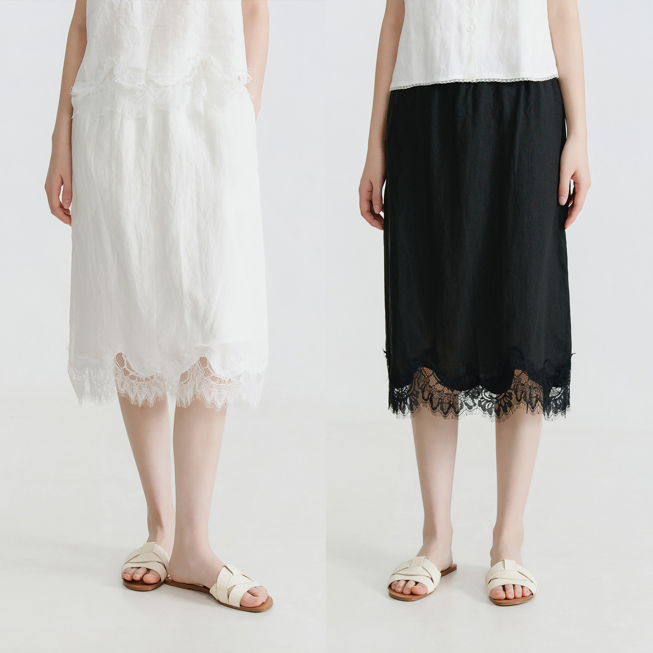 梭家 2026夏亚麻半身裙女白色直筒蕾丝拼接文艺风显瘦中裙6171MH