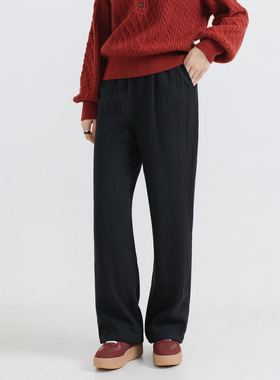 梭家｜午夜诗集｜简约通勤黑色亚麻加绒休闲裤秋冬女加厚直筒裤