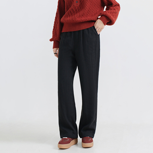 梭家｜午夜诗集｜简约通勤黑色亚麻加绒休闲裤 秋冬女加厚直筒裤