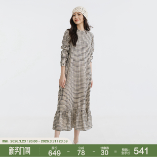 梭家|季节拼图|文艺复古格纹亚麻长款连衣裙春夏女清爽透气棉麻裙