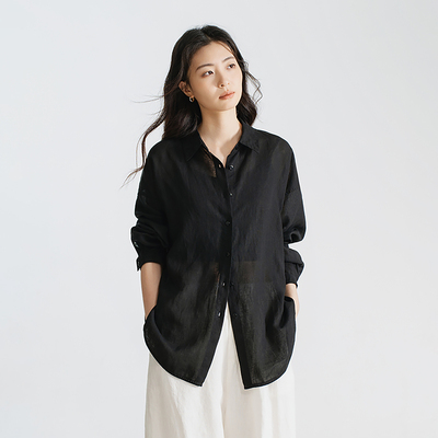 灵动飘逸黑色薄款高支亚麻衬衫