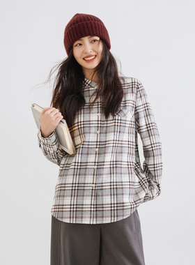 梭家｜描绘时光机｜简约通勤全棉法兰绒棕白格纹衬衫女百搭打底衫