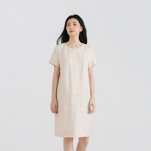 梭家 2026夏亚麻 圆领短袖连衣裙高级感透气亲肤休闲女裙6247MY