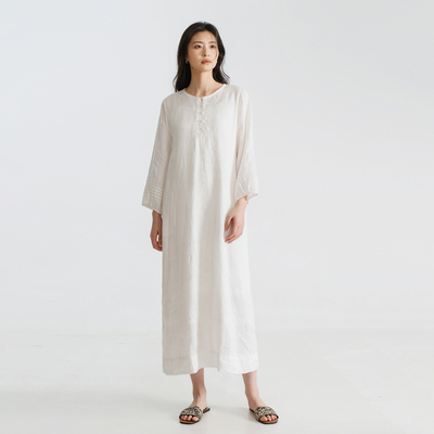 梭家 轻盈基础款圆领21支汉麻长袖连衣裙夏季女宽松直筒裙 5627LF