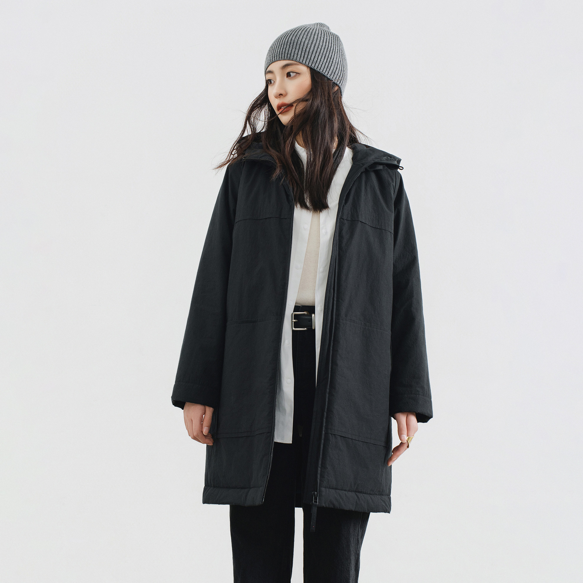 梭家｜日志本｜新雪丽高效保暖 黑色长绒棉连帽中长款棉服女外套