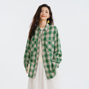 梭家｜春日在场 ｜色织砂洗工艺格纹长袖亚麻衬衫春夏女新款上衣