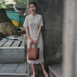 梭家 DR2560 绘时光 原创夏季女短袖复古连衣裙优雅简约中长裙