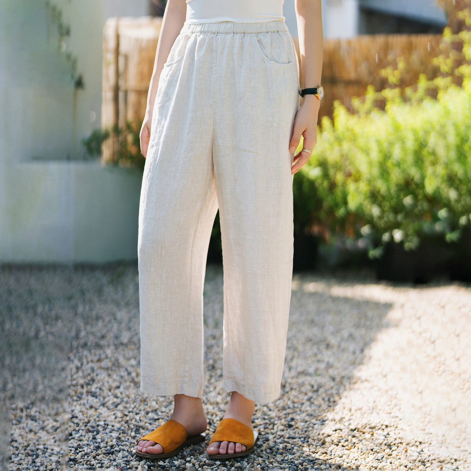 原麻色亚麻九分裤直筒裤