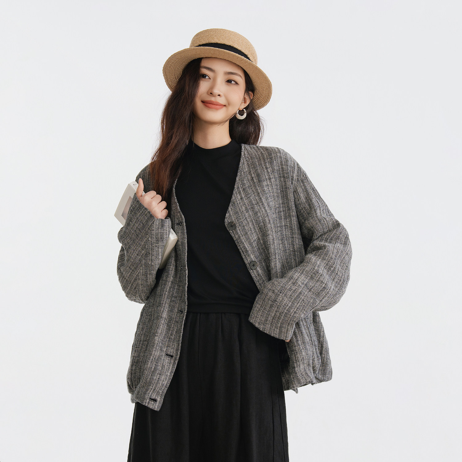 梭家｜苏醒的城｜自然生动黑杏色色织亚麻v领开衫春夏女文艺外套