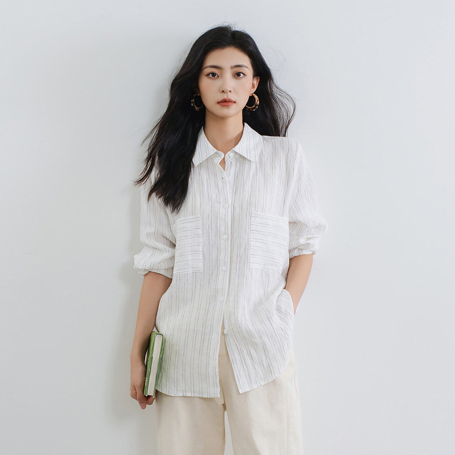 梭家｜豁然开朗｜简约通勤白底黑条色织亚麻长袖衬衫秋季女上衣,女装/女士精品,衬衫,淘宝优惠券,粉丝福利购,淘宝优惠卷